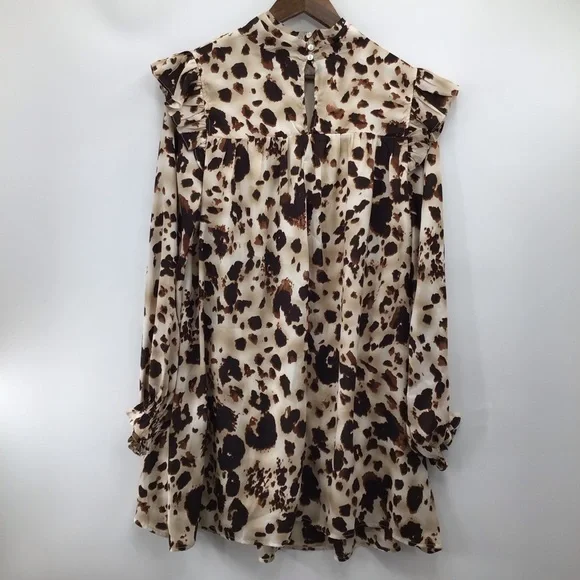 Entro Cow Print Ruffled Long Sleeve Mini Dress - Picture 2 of 15